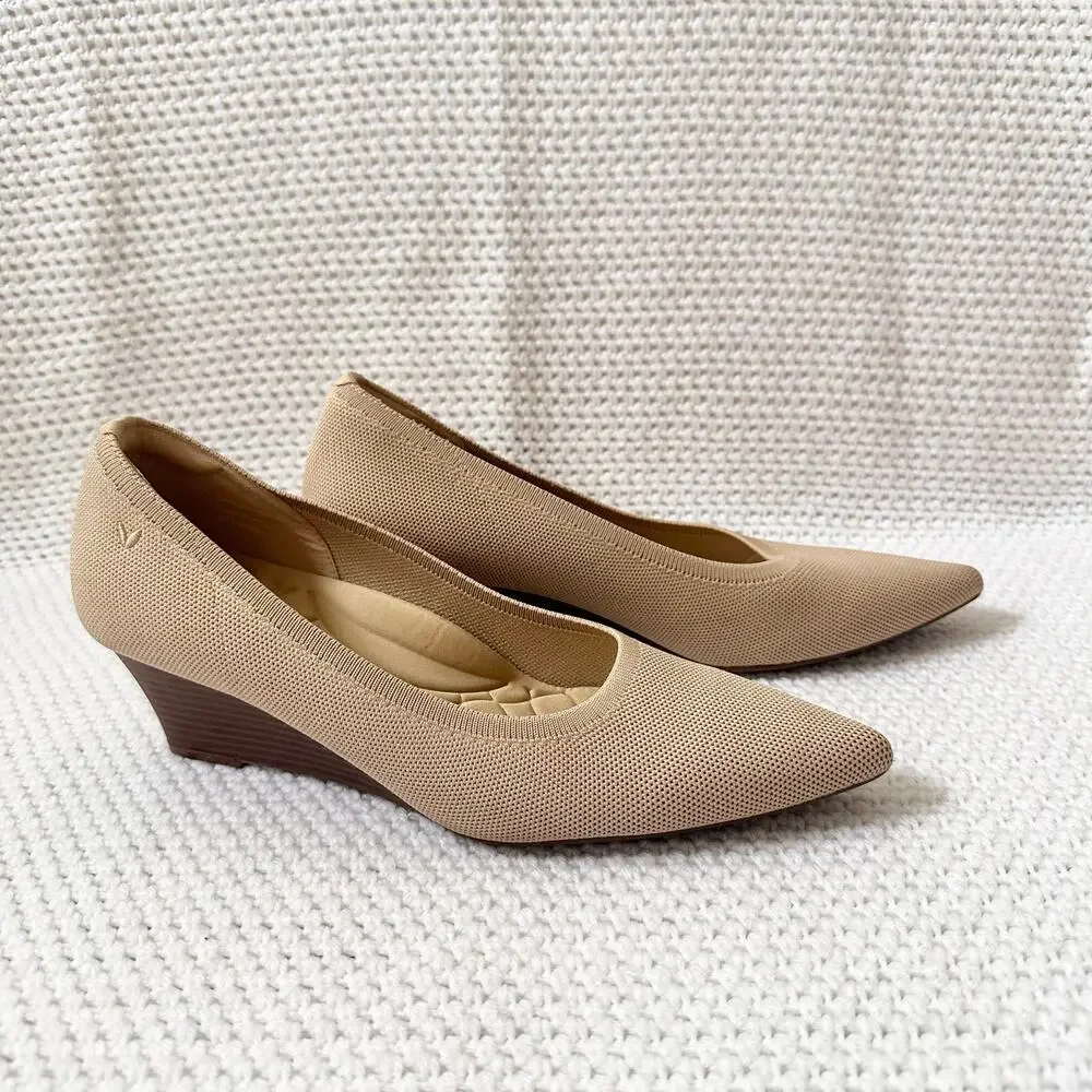Vivaia Aria Khaki Beige Pointed Wooden Stacked Wedge 2.0 Heel Shoes 43 US 11
